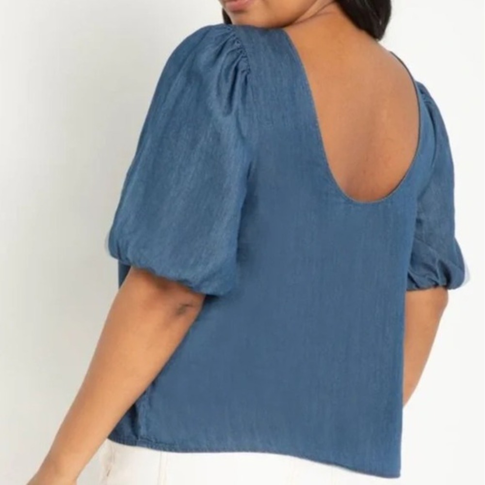 Eloquii Denim Puff Sleeve Blouse Chambray Blue 18 Plus‎ Size Casual Minimalist - Picture 11 of 11